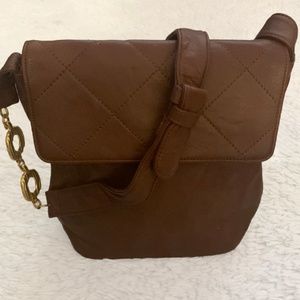 VINTAGE 80s Bloomingdales Brown Leather Gold Accent Shoulder Bag